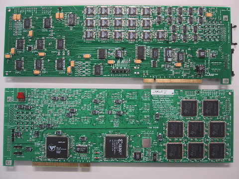 PCI card with 16 analog programmable gain inputs, two arbitrary waveform DACs, 8 Texas Instruments TMS320C542 DSPs, controlled by a Xilinx FPGA